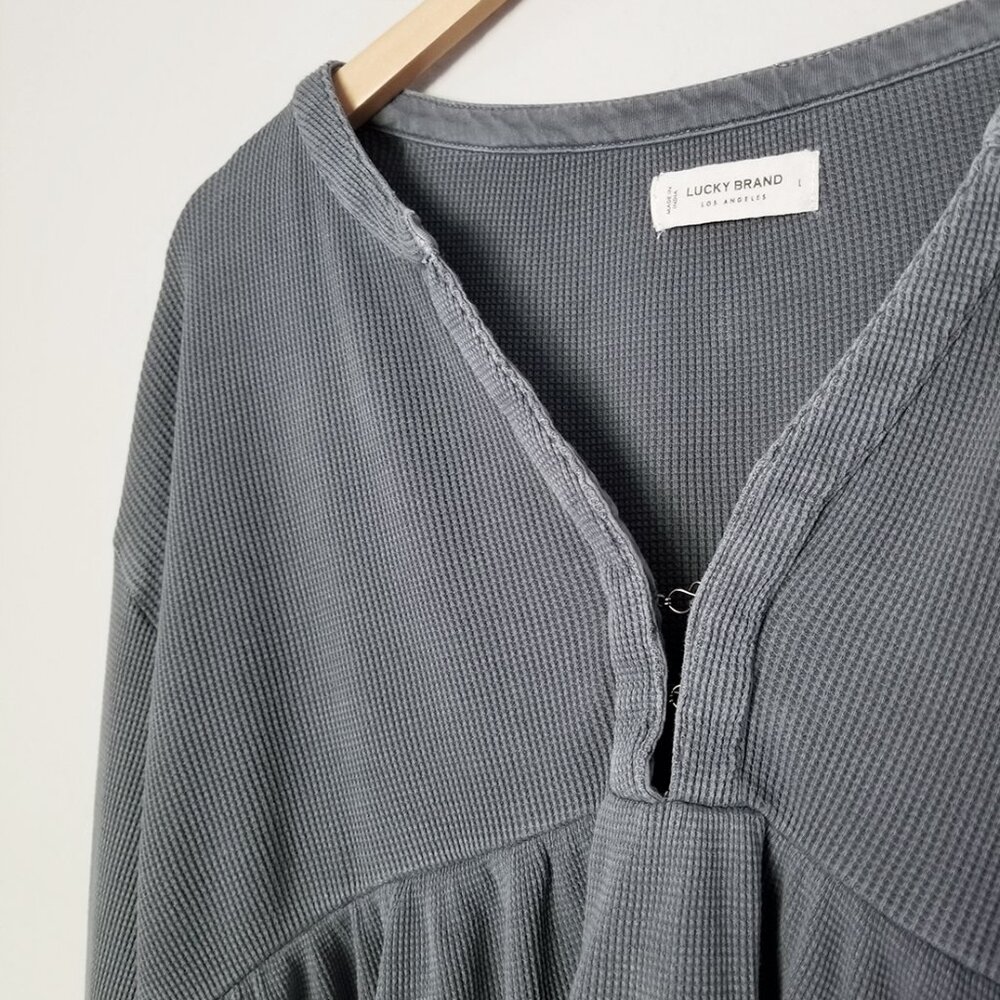 Lucky Brand Waffle Knit Peplum Top L Ebony Grey 100% Cotton Oversized Babydoll - Picture 8 of 16
